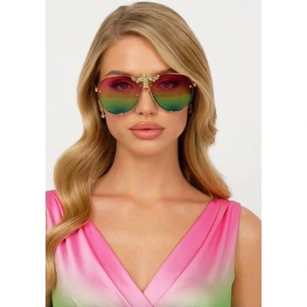 Bee Aviator Sunglasses Rainbow Lens Gold Frame Fashion Statement Sun Glasses New